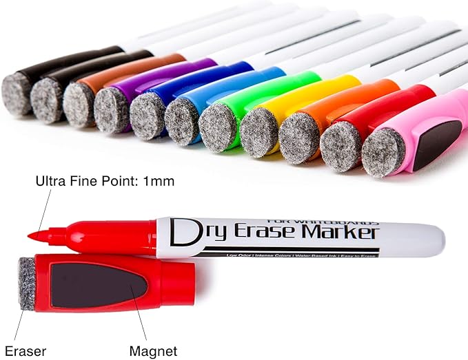 Volcanics Magnetic Dry Wipe Pens Dry Erase Markers With Eraser Cap Low Odor Fine Tip Whiteboard Pens Pack of 12,10 Colors