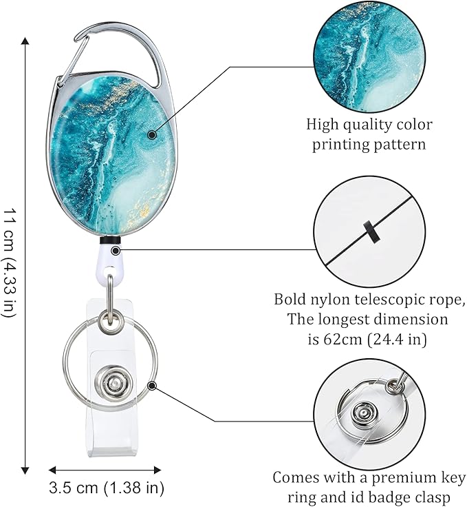 Badge Reels Retractable，Double Sided Color Print Pattern Retractable Badge Holders，with Retractable Keychain, Badge Clip and Key Ring，Durable Nylon Retractable Rope，Blue Ocean