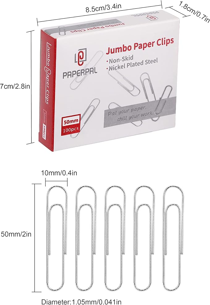 PAPERPAL Jumbo Paper Clips Nonskid, 300 Large Paper Clips (3 Boxes of 100 Each), Paperclips for Office School & Personal Use, Daily DIY, 2" Silver Heavy Duty Non-Skid Paper Clips Jumbo Size