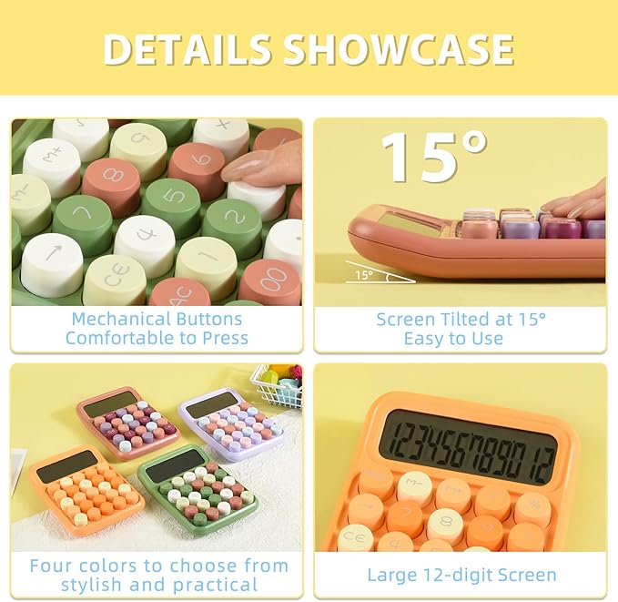 Desktop Calculator 12 Digit, Cute LCD Display Mechanical Basic Standard Calculators with Big Buttons, Aesthetic School Office Supplies (Mixed Orange)