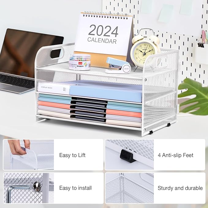 3-Tier Letter Tray Paper Organizer with Handle,Compact Mesh Desk File Organizer for Home Office Supplies Desktop Accessories,White