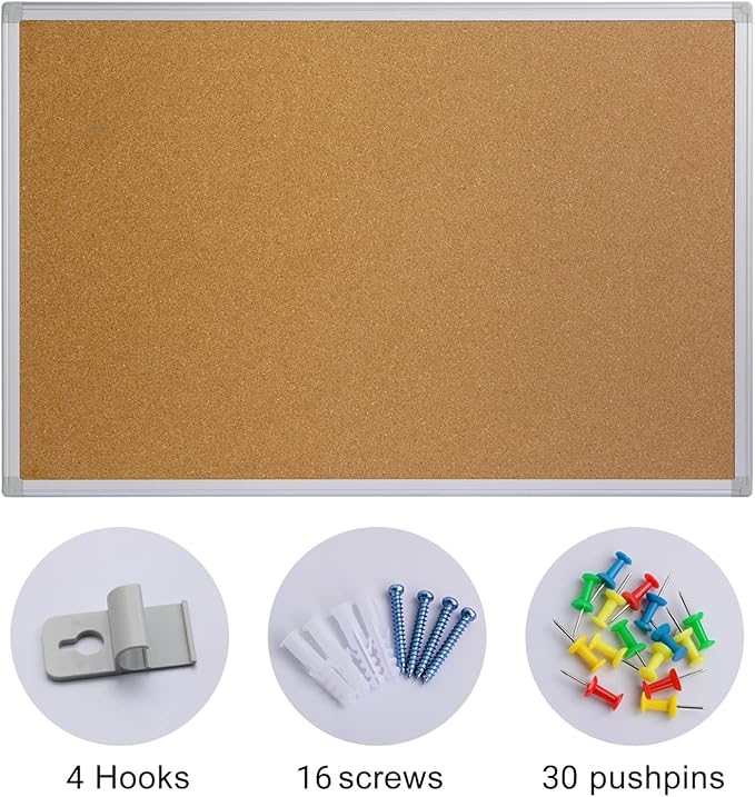 Board2by Cork Board Bulletin Board 24 x 18 Inches, Silver Aluminium Framed Corkboard, Office Board for Wall Cork, Large Wall Mounted Notice Pin Board for Home, Office and School