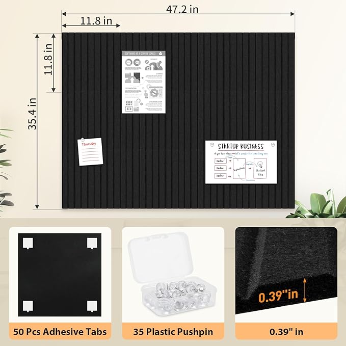 Smarpau Large Cork Board, Black Bulletin Board 48"x36", 12 Pack Pin Board Felt Wall Tiles with 50 Removable Adhesive Tabs 35 Pushpins, Cork Boards for Office Home School Decor