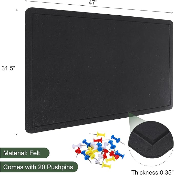 YOKIVE Felt Bulletin Board, 47 x 31.5 -Inch Foldable Decorative Pin Board Self Adhesive Felt Cork Board with 20 Pushpins, Great for Wall, Photo Display, Paste Note, Schedule(Black)