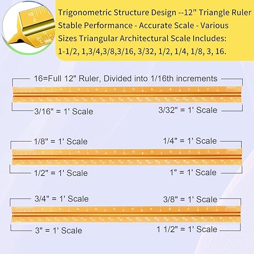 Aluminum Architectural Scale - 12" Imperial, Triangle Drafting Ruler (Golden)