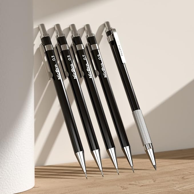 Nicpro 20PCS Black Metal Mechanical Pencil Set in Leather Case, 0.3, 0.5, 0.7, 0.9 mm & 2mm Lead Pencil Holders, (4B 2B HB 2H) Lead Refills (Black & Colors), Erasers For Art Drafting Sketching Drawing