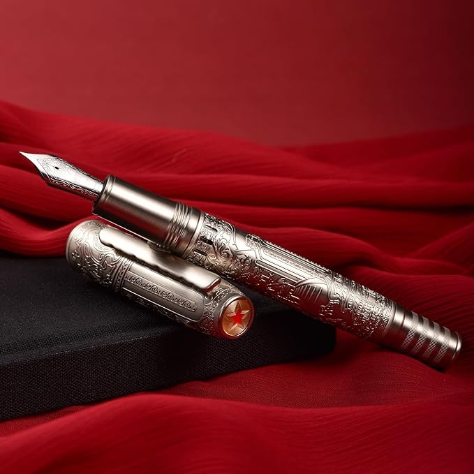 Hongdian 100 Piston Fountain Pen Silver Steel, Iridium Medium Nib Calligraphy Pen, Smooth Writing Pen with Pen Case Set