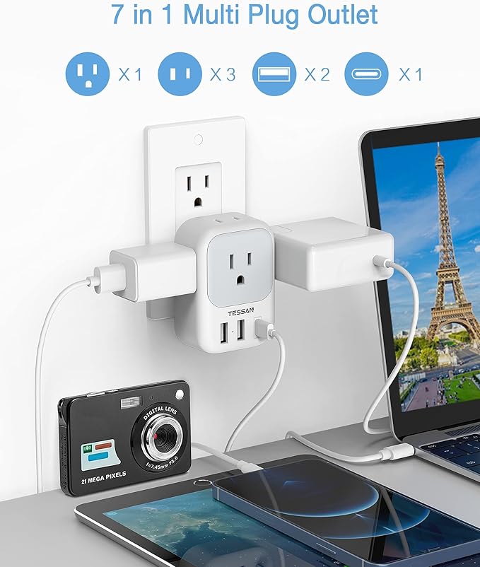 USB Wall Charger, Wall Plug Adapter Outlet Extender, TESSAN 3 Charger Block (1 USB C Port), Multi Charging Station for Cruise, Bathroom, Office, Dorm Essentials