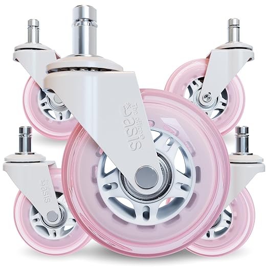 The Original Roller Style Office Chair Wheels (As Seen On PBS) - Incredibly Smooth & Quiet Rolling Casters - Safe for Hardwood Floors & Carpet - Easy Installation with Universal Fit - Set of 5 - Pink