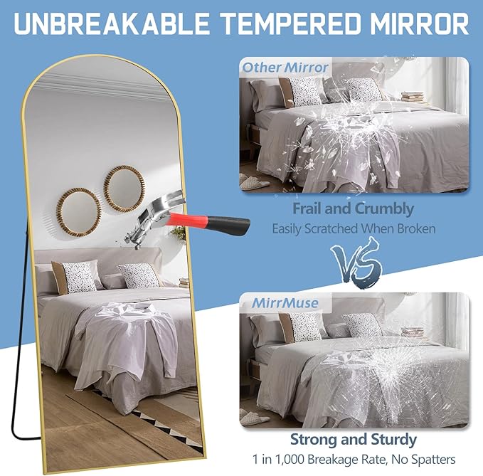 Arched Full Length Mirror, 71"X32" Free Standing Mirror Full Length, Large Floor Mirror with Stand for Bedroom Living Room Gym, Hanging or Leaning, Tempered Glass, Gold