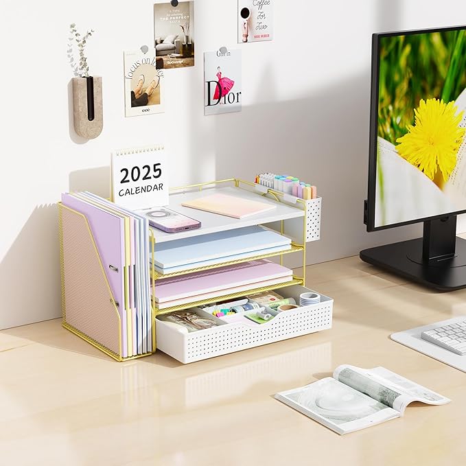 Wood Desk Organizers and Accessories with File Holder, 4-Tier Desk Accessories & Workspace Organizers with Drawer and Pen Holder, Paper Organizer for Office Supplies (Gold)