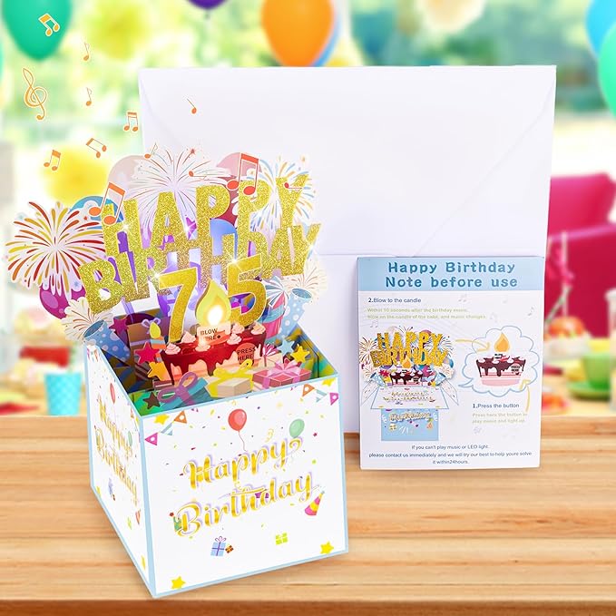 Tnvee 75TH Birthday Cards with Lights & Music & Candle, 3D Large Pop Up Happy Birthday Cards for Women Man Greeting Cards Decorations for 75 Years Old Mom Dad Grandparents