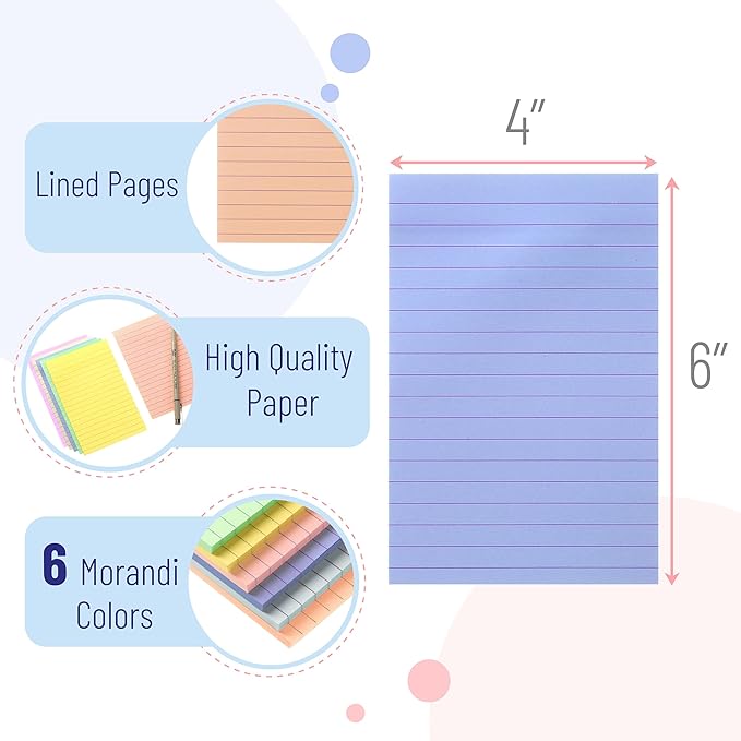 Mr. Pen Lined Sticky Notes - 4x6, 6 Pads, 45 Sheets, Morandi Colors