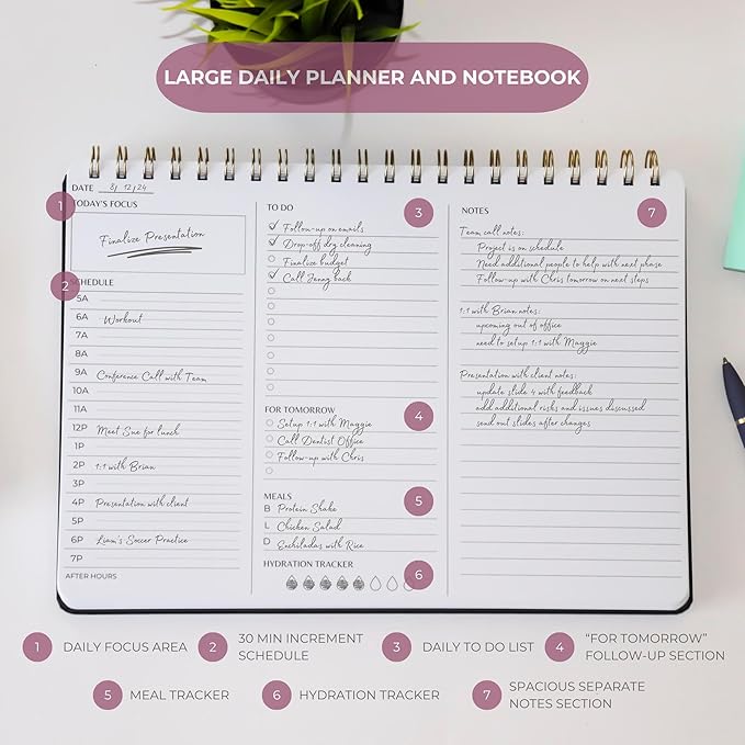 Undated Daily Planner | 8.25” x 11.75” Work To-Do Notebook | ADHD Academic Organizer | Multi-Layout | Men and Women Planner | College Supplies | Pink | Landscape Layout