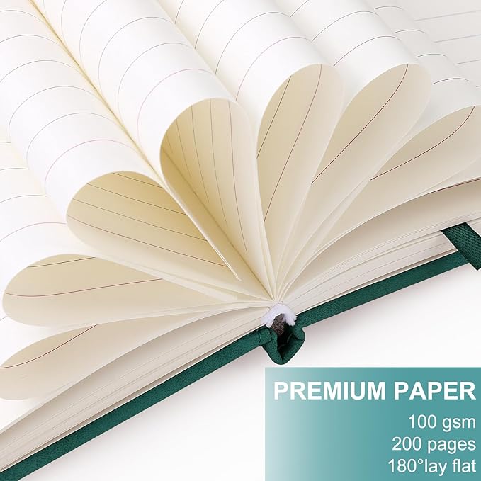 A5 Leather Journal Notebook with Pen, 200 Pages Hardcover Journal with Pocket, 100gsm Thick Lined Paper Daily Diary for Men and Women, Great Gift for Business School Travel Personal - Green