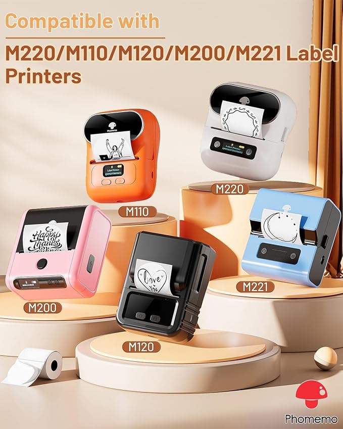 Phomemo Thermal Labels 1.96"x1.96"(50x50mm) for M110/M220/M221/M120/M250/M150, Multi-Purpose Self-Adhesive Tag for Barcode/Address/Logo/Mailing/Business/Home Tag,Black on White, 140 Labels/Roll