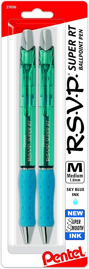 Pentel RSVP Super RT Ballpoint Pen, (1.0mm) Medium Line, Sky Blue Ink, 2-Pk - BX480BP2S