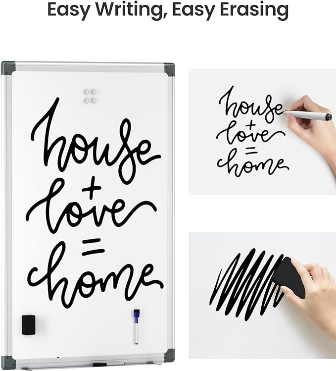 VUSIGN Magnetic White Board Kit for Wall 36" x 24", 1 Dry Eraser & 2 Multicolor Markers & 4 Magnetic Pins, Sliver Reinforced Aluminum Frame for Home, School, Office