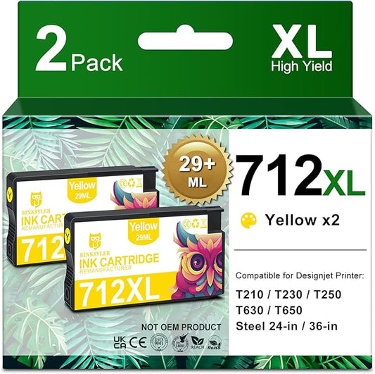 2PKS 712 Yellow Ink Cartridge (3ED69A, 29-ML) Used for HP DesignJet T650, T630, T250, T230, T210 & Studio Plotter Printers
