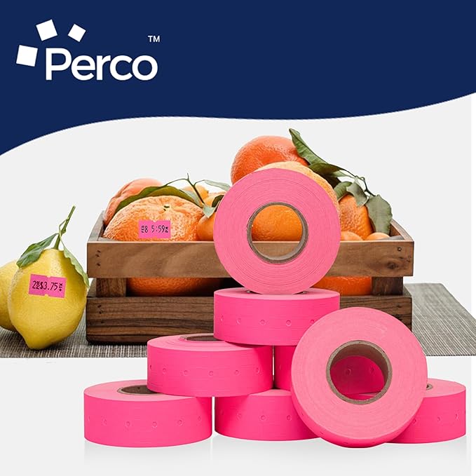 Perco 1 Line Fluorescent Pink Labels - 8 Rolls, 1 Sleeve, 8,000 Blank Price and Date Gun Labels for Perco 1 Line Price and Date Guns - Made in USA