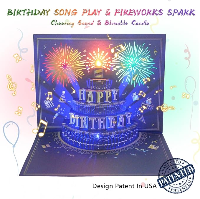 UPGRADED 3D Pop Up Firework Birthday Cards, Musical LED Lights Birthday Cards with Blowable Birthday Cake, Greeting Cards, Birthday Gifts for Mom Women Men Kids Child Dad Father Wife