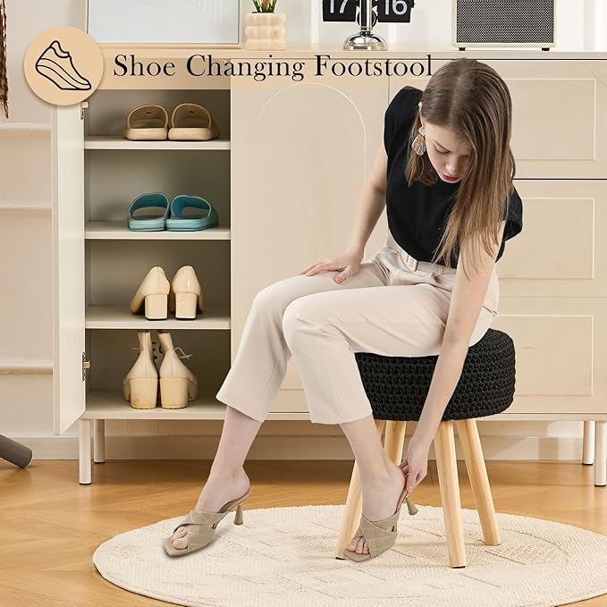 Cotton Knitted Ottoman Round Vanity Stool Modern Footstool Ottoman Footrest with Non-Skid Wood Legs for Living Room Bedroom Black