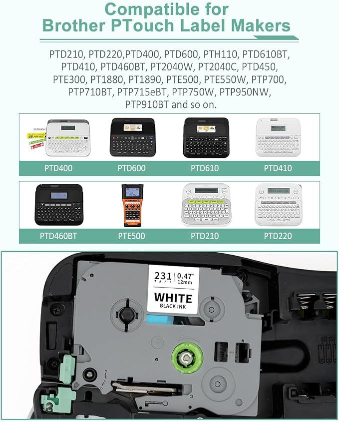 6-Pack 12mm 0.47" Laminated Label Tape Compatible for Brother P Touch Label Tape Tze Tz 12mm 0.47" Multi-Color Tze 231 131 431 531 631 731 1/2" Inch for PT-D220 PT-D210 PT-H130W PT2430 PTD400