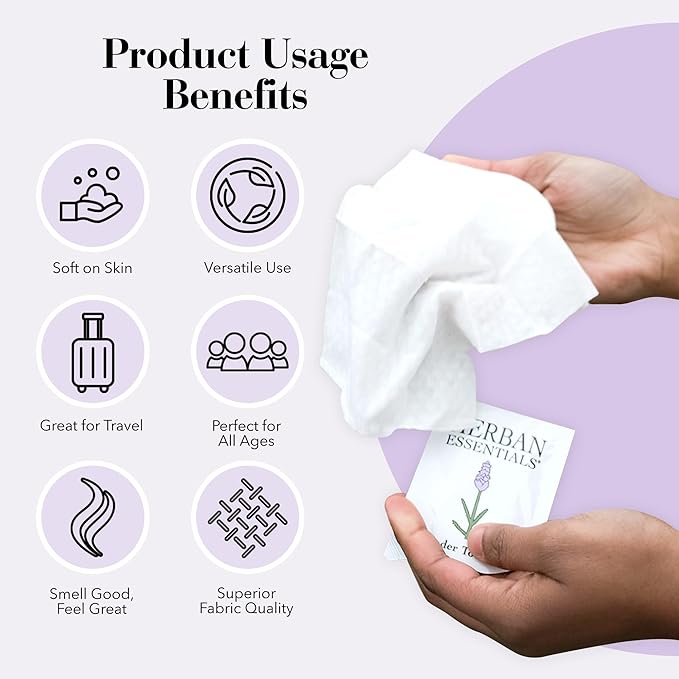 Herban Essentials - Lavender Wipes & Towelettes - Essential Oil Wipes for Make Up, Hands, Face & Body - Travel Size Essentials and Toiletries - Natural, Individually Wrapped and Disposable (20 count)