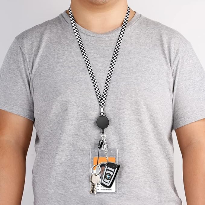 6 Pack Retractable Badge Lanyards and ID Badge Holder, Strap Lanyard with Swivel Metal Clasp for Badge Holders, Keychains, Offices, Staff, Students, Employees, Black White Chequer