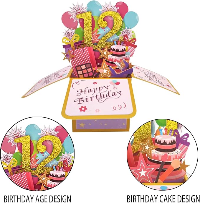 Asmallgf Sweet 12th Birthday Pop Up Birthday Card for Girl Boy, Great 12 Years Old Birthday Gift for Daughter Niece, Happy Twelve Bday Popup Card for Sister Brother, Unique 12 Birthday Gift Idea for