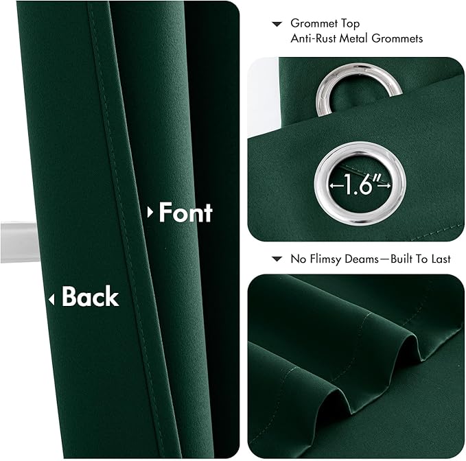 MIULEE Hunter Green Blackout Curtains for Bedroom Living Room 96 Inches Long 2 Panels, Thermal Insulated Room Darkening Drapes Solid Grommet Top Noise Reduction Emerald Green Curtains 40x96 Inch