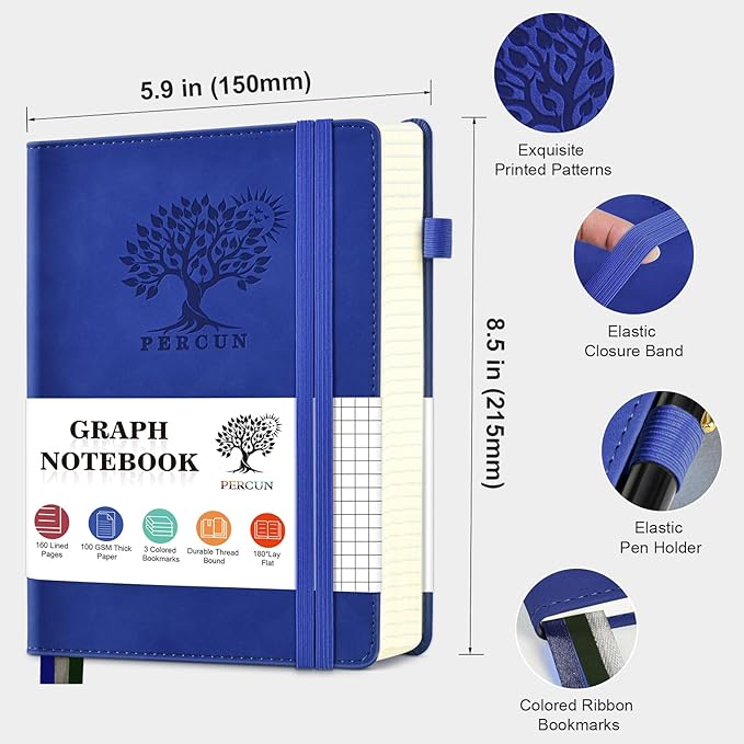 PERCUN Graph Paper Notebook, 160 Pages Grid Journal for women & men, A5 Hardcover Leather Graphing Notebook for School, Work, Travel, Note Taking 5.9”x8.5” (Navy)