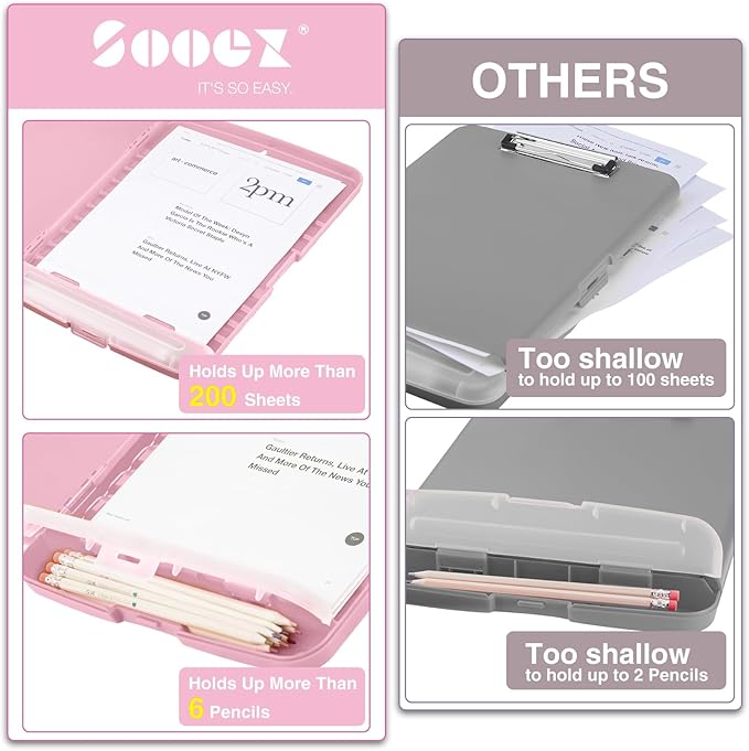 Sooez Clipboard with Storage, High Capacity Nursing Clipboard with Pen Holder, Clip Boards 8.5x11 with Storage, Low-Profile Clip, Lightweight Plastic Clipboard for Teachers, Lawers, Office Workers