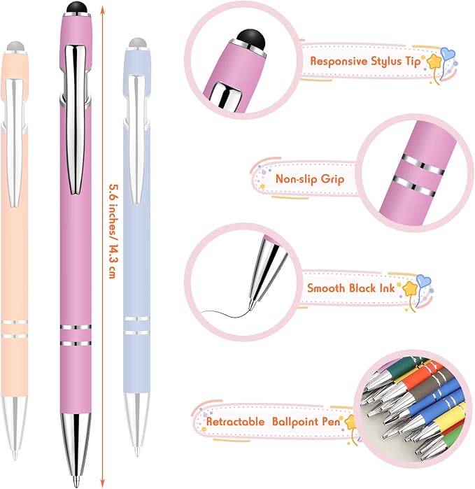 Yeaqee 100 Pieces Ballpoint Pen with Stylus Tip Click, 2 in 1 Black Ink, 1.0 mm Medium Point Stylus Metal Pen for Touch Screen Tablet(Assorted Colors)