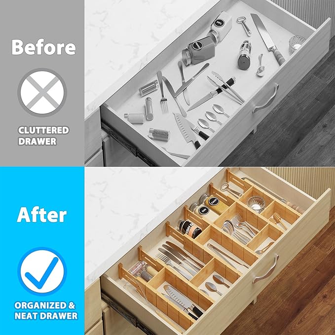6 Pack Bamboo Drawer Dividers with 12 Inserts, Expandable Adjustable Clothes Drawer Organizers and Storage from 17" to 22" for Kitchen, Bedroom, Dresser, Cosmetics (Natural)