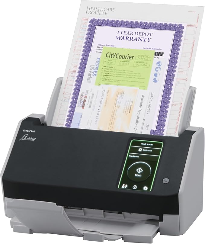 RICOH fi-8040 Premium Fast Front Office & Desktop Document, Receipt, ID Card Scanner with 50 Page Auto Feeder and PC-Less DirectScan Network Scanning Capability with 4-Year Advance Exchange Warranty