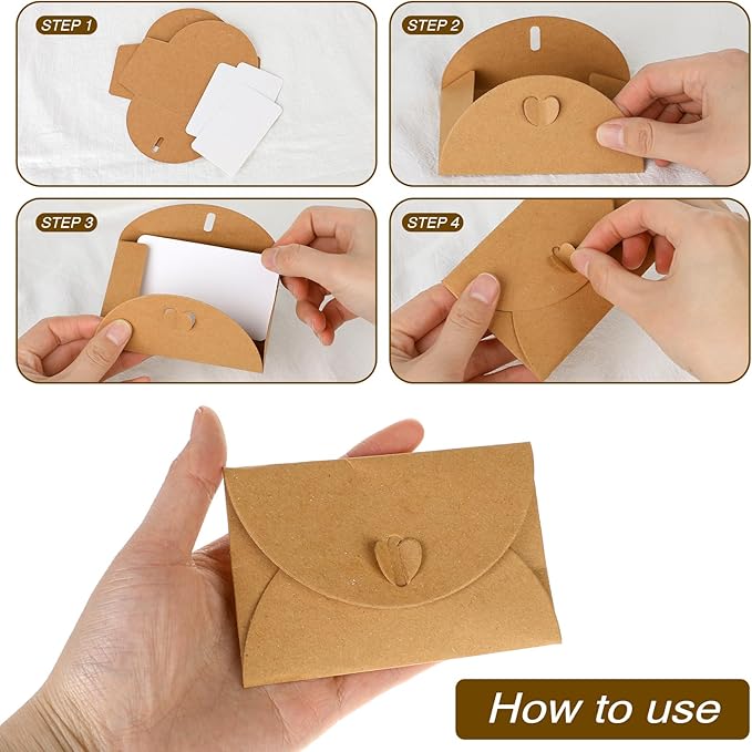 25PCS Mini Envelopes with 25 Blank Cards 4.1 x 2.8 inch Gift Card Holders Cute Tiny Envelopes with Heart Clasp for Gift Cards, Wedding Party Favors, Greeting Cards Mailing, Business Cards