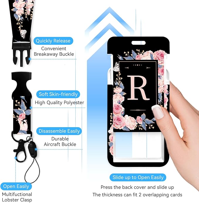 A-Z Badge Holder with Retractable Reel and Breakaway Lanyard Badge Clips Retractable Heavy Duty Badge Reel，Keychain，ID Holder with Breakaway Lanyard for School Nurse Office Teen R