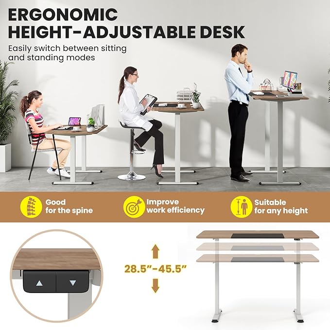GOFLAME Height Adjustable Electric Standing Desk, 55 x 28 Inch Sit Stand Up Electric Desk with Headphone Hook, Ergonomic Standing Workstation, Electric Standing Desk with Metal Frame, Natural