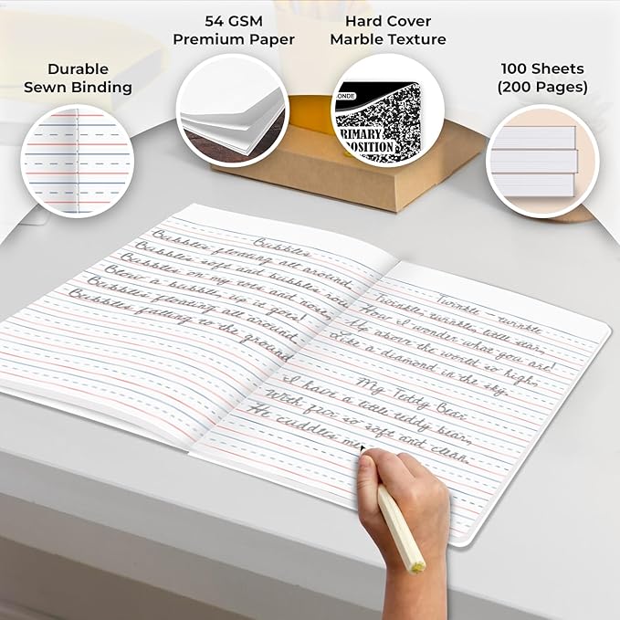 5 Pack Primary Composition Notebooks, 200 Pages (100 Sheets), Primary Ruled Composition Notebook for Kids, 9-3/4" x 7-1/2", Grades K-2 Writing Workbook, Writing Dotted Lined, Black Marble