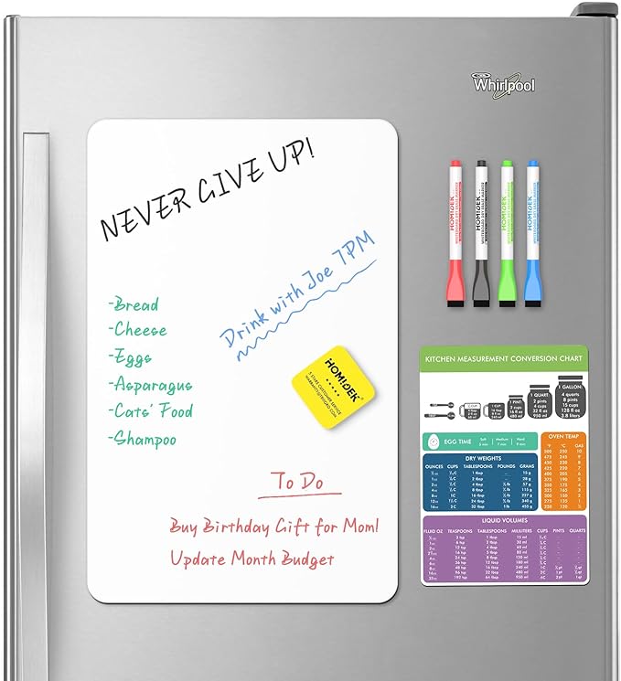 Magnetic Dry Erase Board: Small Fridge Whiteboard, Flexible Refrigerator Magnet White Board, Blank Writing Note Sheet with Kitchen Conversion Chart Magnet, 4 Markers & Eraser - 17 x 11