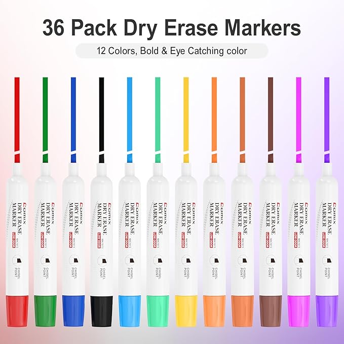 Comix Dry Erase Markers, Chisel Tip White Board Markers, 36 Bulk 12 Assorted Colors Low Odor Markers for Teachers Office & School Supplies