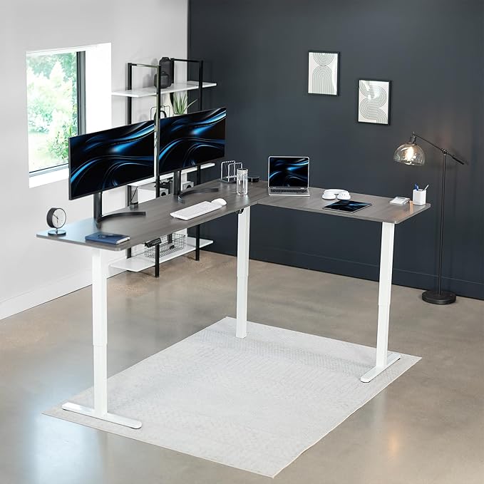 VIVO Electric Corner L-Shaped 84 x 63 in Standing Desk, Memory Height Adjustment, Dark Gray Top White Frame, DESK-E3CTWG-84
