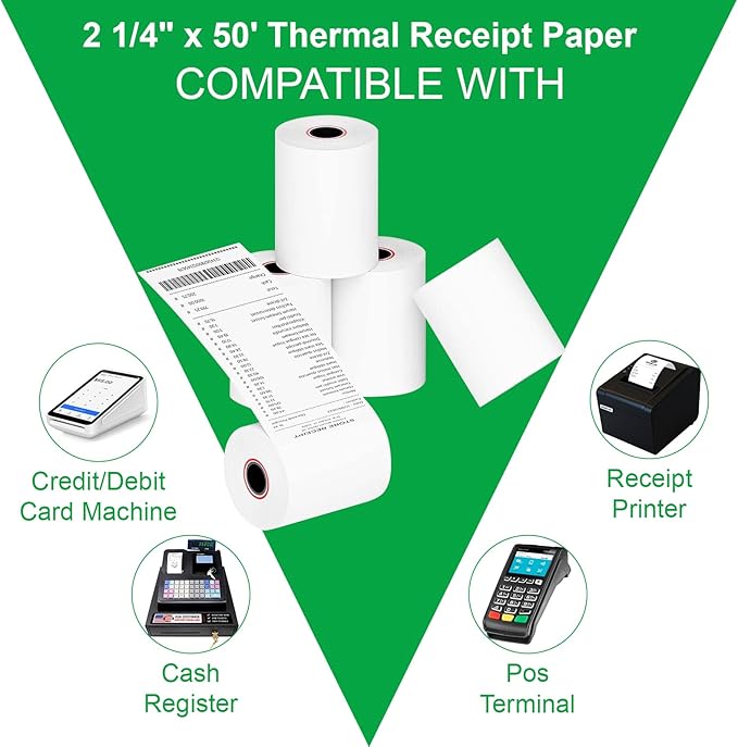 Thermal Paper Rolls 2.25 x 50 ft, 50 Rolls Credit Card Receipt Paper 2 1/4 x 50, Premium Thermal Receipt Paper Fits All 58mm Mini POS Thermal Printer (2 1/4" x 50' Thermal Paper 50 Rolls)