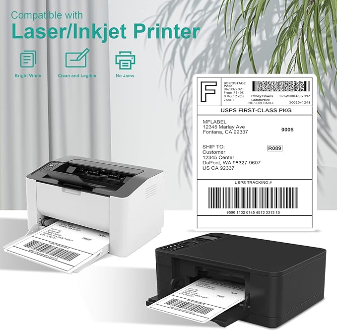 MFLABEL 100-Pack Full Sheet Labels (8.5" x 11") Matte White - Laser/Inkjet Printer Shipping Labels w/Strong Permanent Adhesive + 12 Free Fragile Stickers