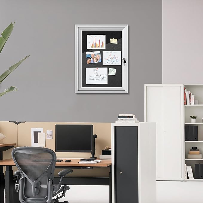 26"x20" Enclosed Bulletin Board, Outdoor Lockable Weather-Resistant Aluminum Cork Noticeboard for School & Office, Silver Frame w/Black Flet