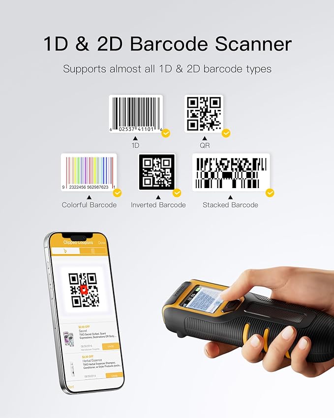 Inateck Barcode Scanner Wireless,Portable Bluetooth Barcode Scanner with Screen,1D 2D QR Code Scanner Kabellos 2.4GHz,Handscanner with APP and SDK, BCST-47