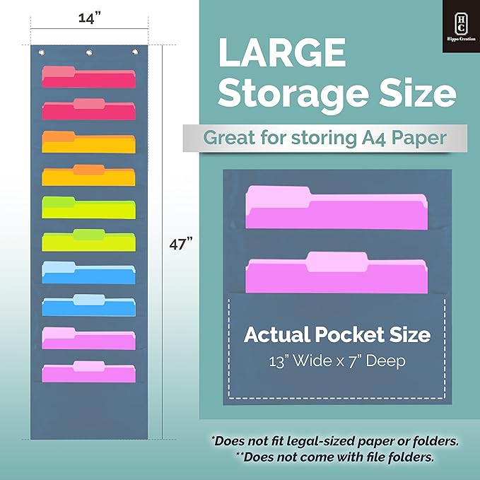 Hippo Creation Blue Pocket Chart for Classroom - 10 Pocket Storage Black Pocket Charts, 3 Over Door Hangers Included, Hanging Wall File Organizer for File Folders, School Mailbox, Home/Office Papers