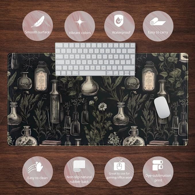 Black Aesthetic Desk Mat Black Vintage Desk Pad Large Gaming Flower Mouse Pad XXL Plant Wildflower Mousepad Extended Laptop Computer Mouse Keyboard Mat for Women Girl Office Desk Decor 31.5x15.8 in