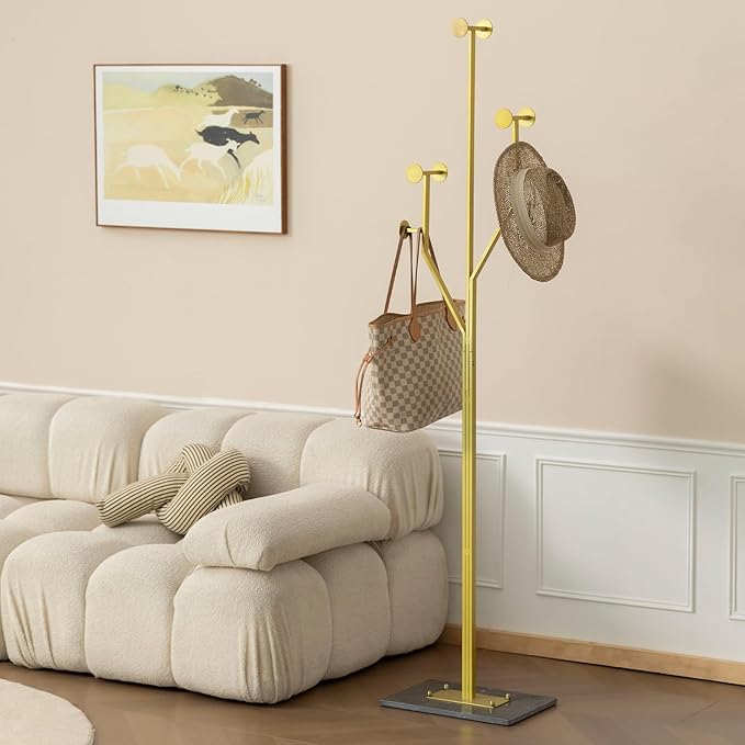 Heavy Duty Coat Rack Tree-shaped Metal Freestanding Coat Tree with Sturdy Marble Base Corner Coat Rack for Bedroom Entryway Hallway 14.96 x 10.24 x 68.9 Inches (Gold)